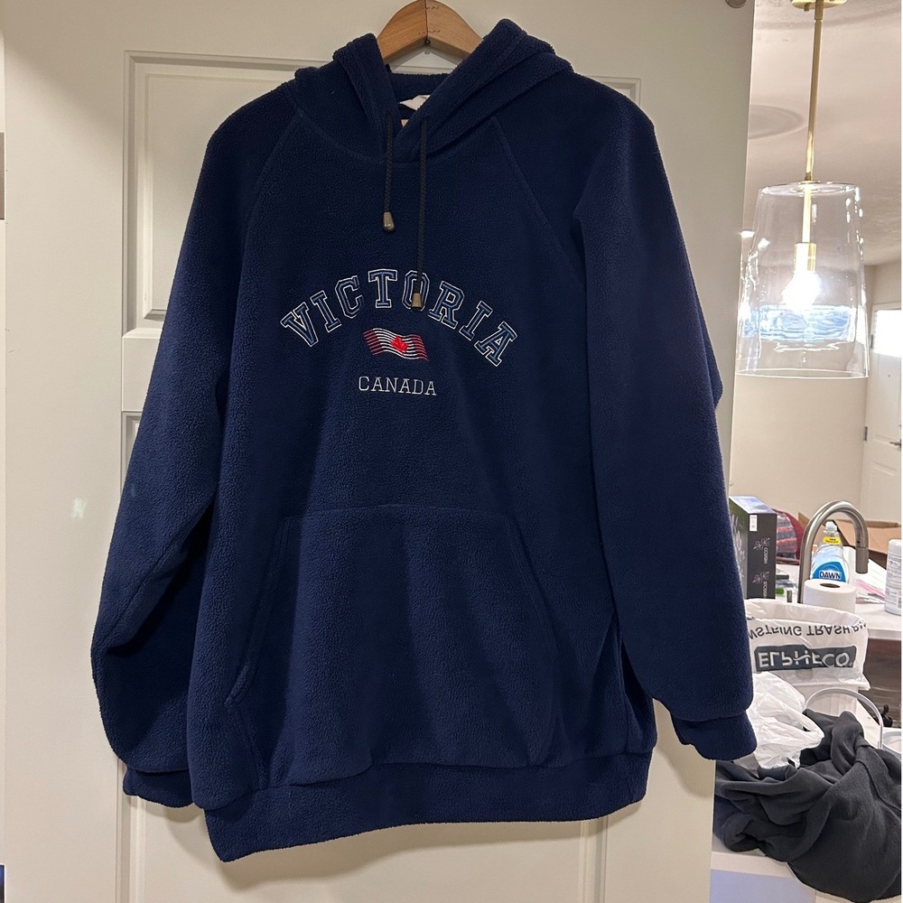 Vintage Victoria Canada‎ Navy Blue Fleece Hoodie Embroidered Mens Large L